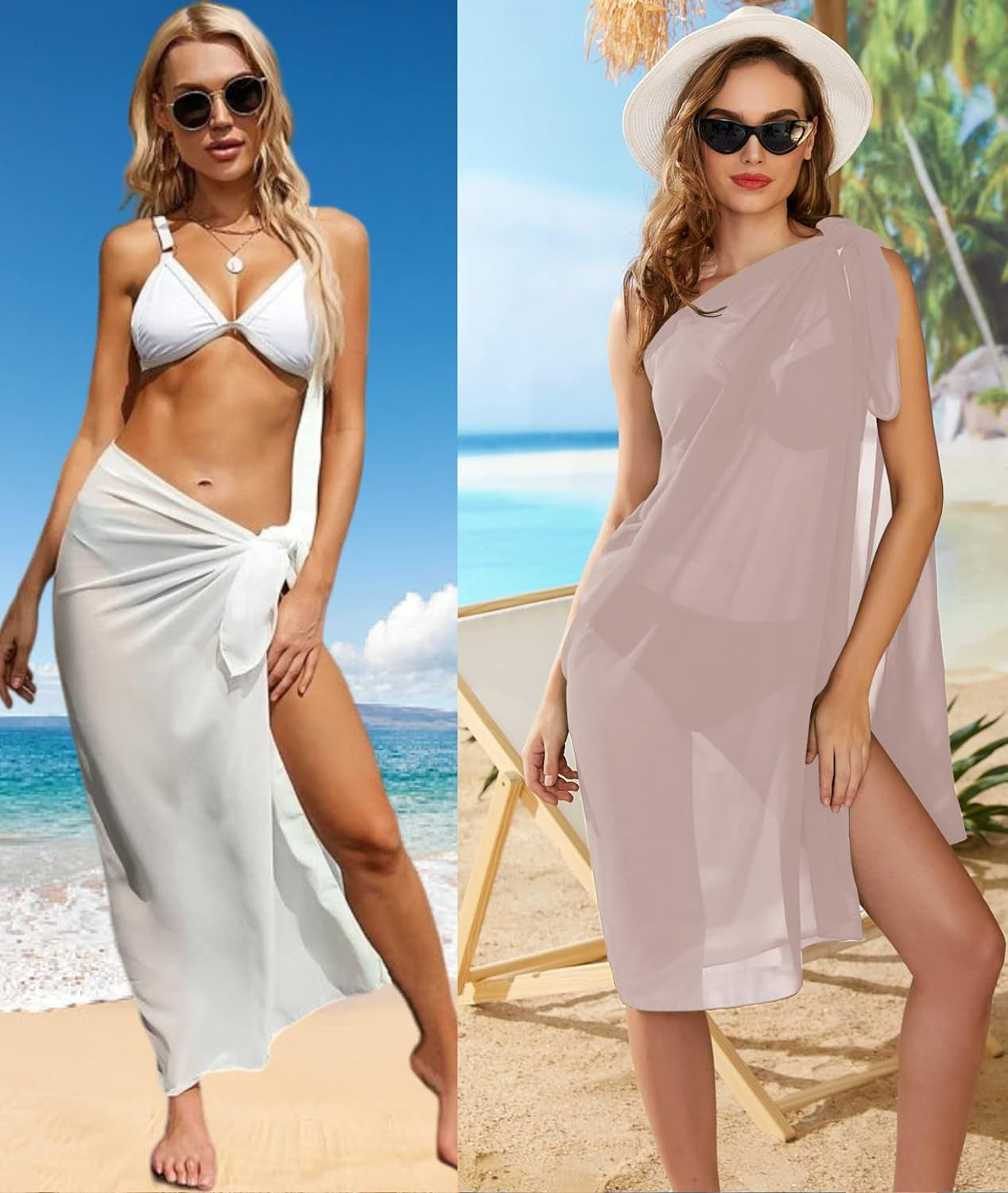 2 Pieces Sarong Coverups for Women Chiffon Long Bathing Suit Wrap Skirt Sheer Bikini Swimsuit Skirt